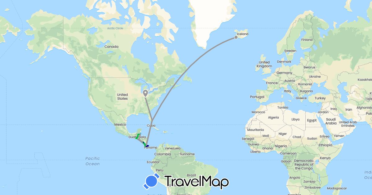 TravelMap itinerary: driving, bus, plane, boat in Belize, Costa Rica, Guatemala, Iceland, Nicaragua, El Salvador, United States (Europe, North America)